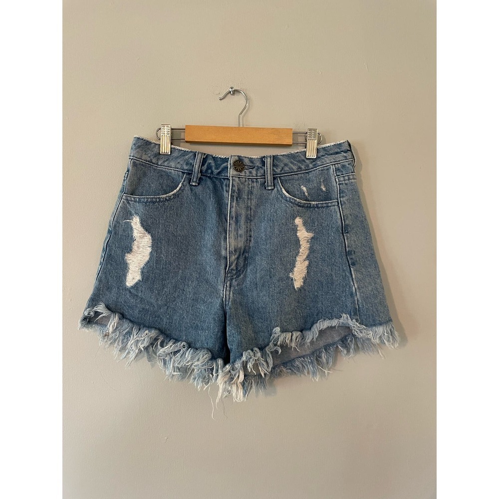 Show Me Your Mumu Blue Denim Button Fly Raw Edge Hem Cut-Off Shorts
